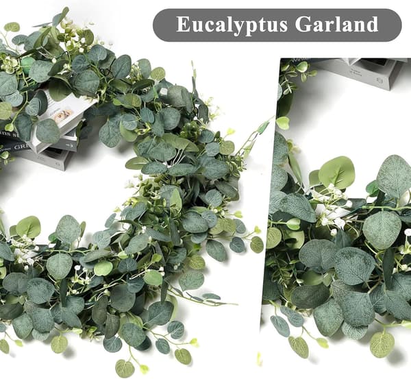 To kunstige eukalyptusbladkranser, hver 15 cm lang, med simulerte sølvmyntformede eukalyptusranker med hvite blomster. Egnet for bryllup