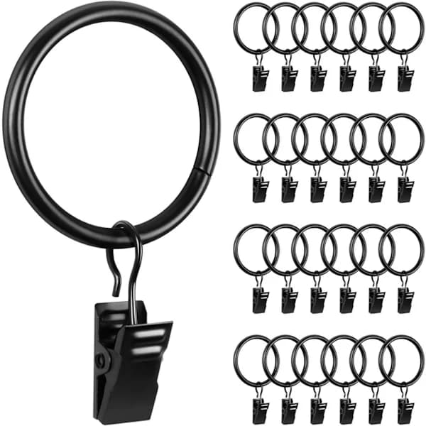 Bruseforhængsringe med clips, 32 mm bruseforhængsringe, bruseforhængsringe, 25 stk., rustfrit stål, sort