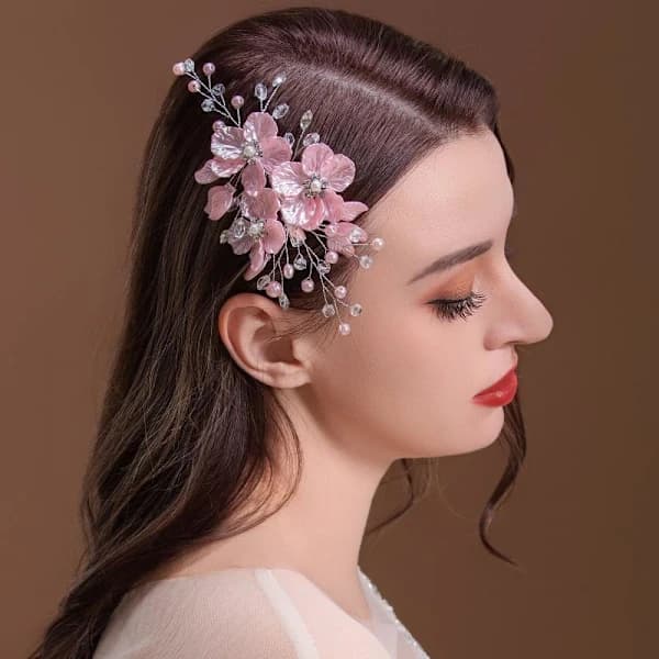 Perle Rhinestone Blomst Bryllup Hårklemme Hårtilbehør Til Pink