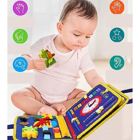 Sensorisk interaktiv leksak, Busy board textil, Montessori, Bokväska, För resor, blå