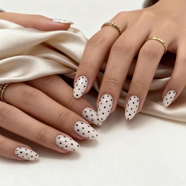 Press-on manicure, 24 stk., mandelformede kunstige negle, sort prikket design, glitrende, genanvendelige.