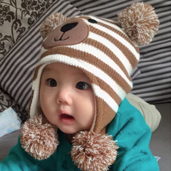 Baby Vinterfleecefodrad mössa Stickad öronlapp Barnkepsar Toddler för baby med Pom Pom