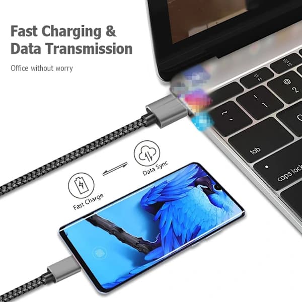 Nylon datakabel hurtigoplader USB A til Type C opladerkabel til Huawei Samsung Android telefon TypeC opladerenhed 1M 2M 3M grå 2 stk