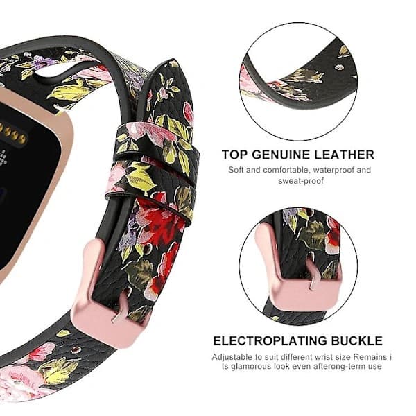Fitbit Versa 2 læderur med et sort og lyserødt blomstermønster i midten.