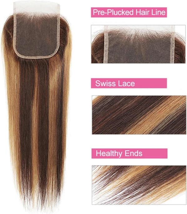 Ægte hår extensions, glatte ægte hår extensions, med blonde styling, 4x4 forklemmet, P4/27 farve, 220g/sæt, extensions (16 tommer + 16 tommer +