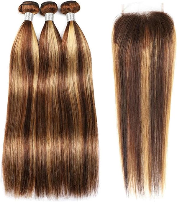 Ægte hår extensions, glatte ægte hår extensions, med blonde styling, 4x4 forklemmet, P4/27 farve, 220g/sæt, extensions (16 tommer + 16 tommer +