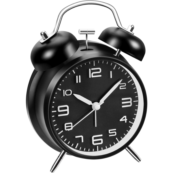 Dubbelklocka väckarklocka med nattljus - retro, barn - analog, med 16 cm stor urtavla - tyst, icke-tickande (svart)