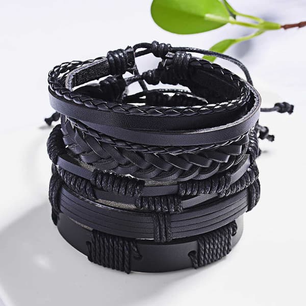 5-delt sæt håndlavede armbånd til mænd i ægte læder, sort