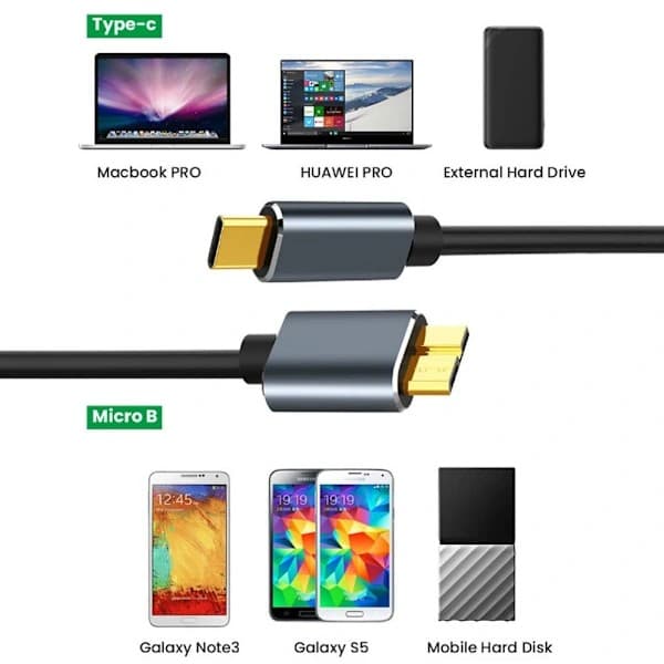 Typ-C till Micro-B extern hårddisk datakabel, USB 3.1 till USB 3.0 datakabel, överföringshastighet 5 Gbit/s (1m)