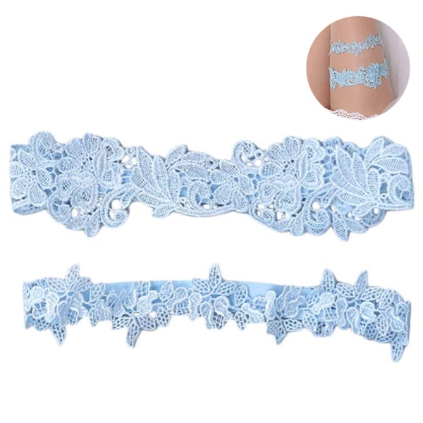 Elegant smal strumpeband bröllopsstrumpeband – brudstrumpeband av spets med delikat satinrosett – blå