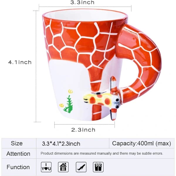 3D handmålad keramisk kaffemugg med djurmönster (giraff)