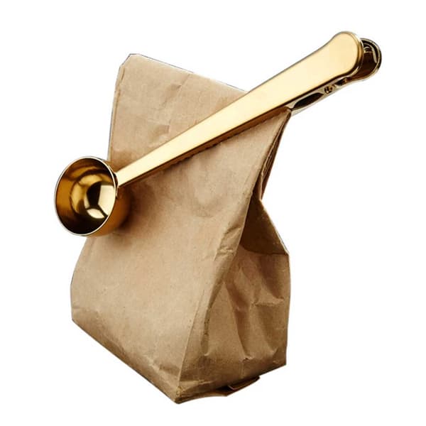 Kaffemål med klips guld - Ske med poseklips til kaffe guld