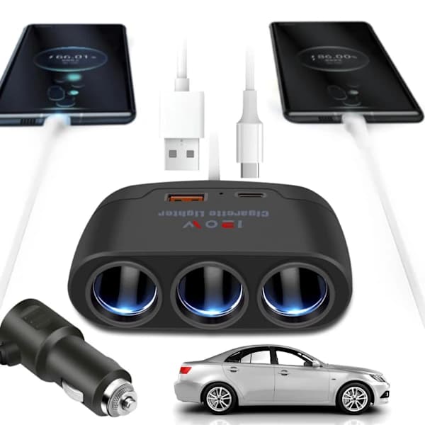 Billaderadapter PD + USB-uttak 120W sigarettenneruttak