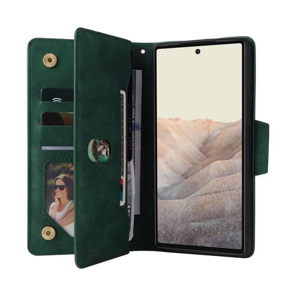 Google Pixel 6A Etui PU Læder Magnetisk Flip Wallet Etui med Lynlås Kortholder (Blå)