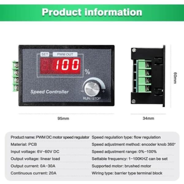 Motorhastighedsregulator, DC 6-60V 12V 24V 36V 48V 30A PWM Motorhastighedsregulator
