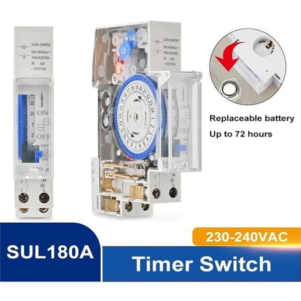 SUL180A 24-timers mekanisk timer-relæ til DIN-skinne montering, programmerbar analog elektrisk timer, 220V 16A batteri