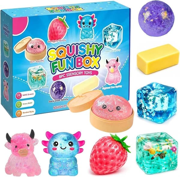 Squishy Fun Box – 8-osainen yllätyslaatikko lapsille ja aikuisille – A+B