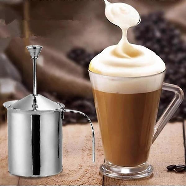 400ML Manuel Mælkeskummer, Rustfrit Stål Dobbelt Si Pressemekanisme Skum Pisker Kaffe Cappucci