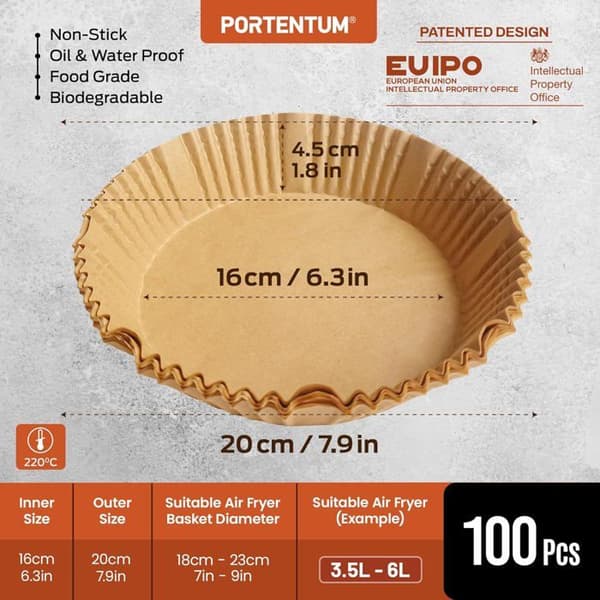 100 ark ubleket oljebestandig bakepapir for 3,5-6L airfryere, brun