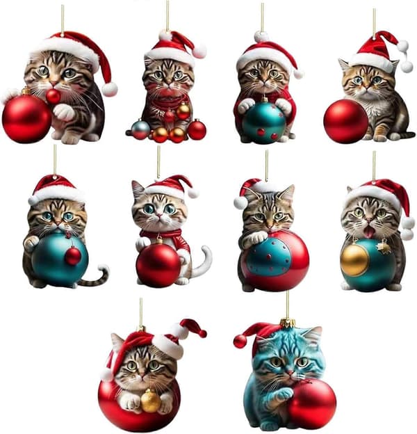 10 stk. akryl kat julepynt til juletræspynt, 2D søde julekatte ornamenter til katteelskere