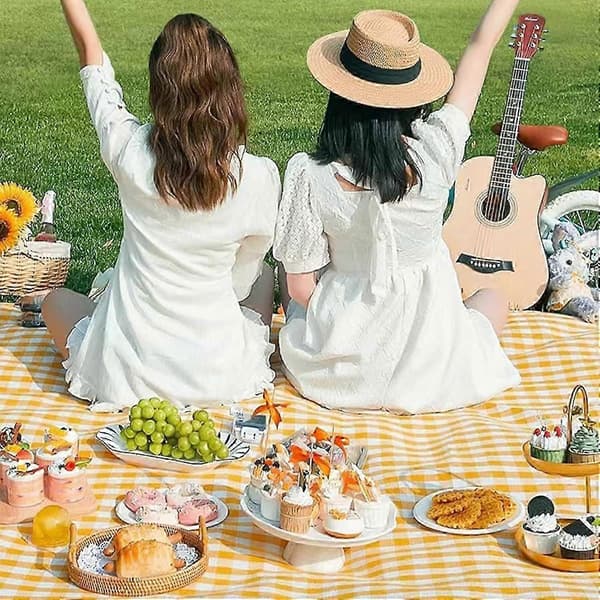 Picnic Tæppe, Foldbart, Ternet, 200x200cm, Udendørs, Gul