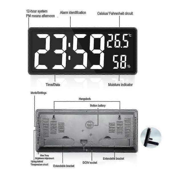 Digital Klocka Stor Display, Stor Digital Väggklocka Med Temperatur Och Luftfuktighet, Digital Väggklocka Med LED-siffror För Sovrum, Kontor white