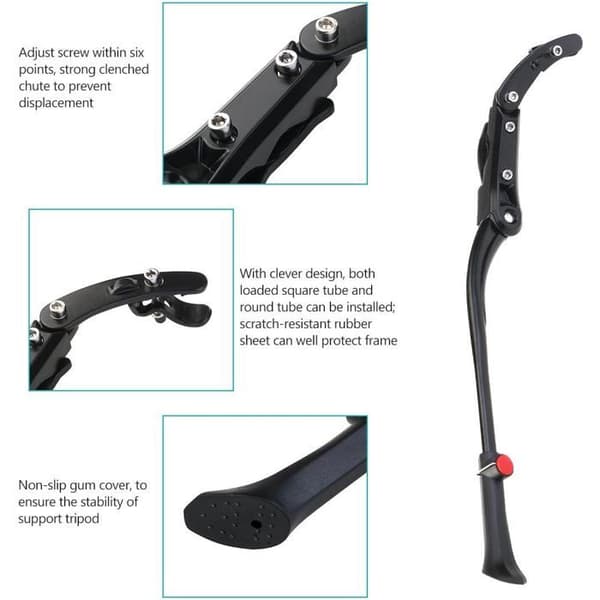 Justerbar sidestøtte til cykler, kraftig aluminiumslegering - Sort mountainbike-støtte, justerbar længde, robust montering