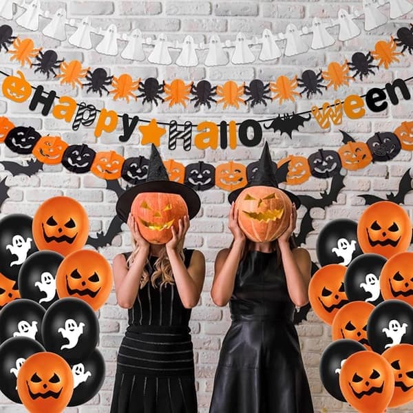 Halloween dekorasjonssett, Happy Halloween bannerkrans, 10 pumper