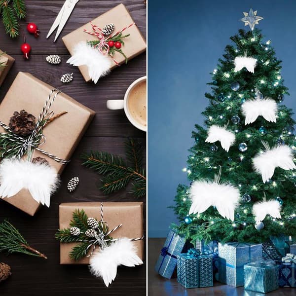 Hvide fjer julepynt, 12 stk. englefjer vinger, hvide englefjer til ophængning af juletræspynt, ornament