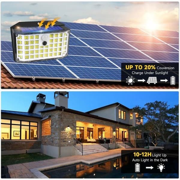 Udendørs Solar Havelampe med Bevægelsessensor, 176 LED'er, 4 Enheder, IP65, 270° Sensor, 3 Tilstande, Udendørs Solcellelampe