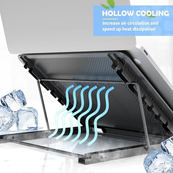 Sammenklappeligt, justerbart, ventileret, ergonomisk, letvægts laptopstativ med integreret bakke og aluminiumsbase
