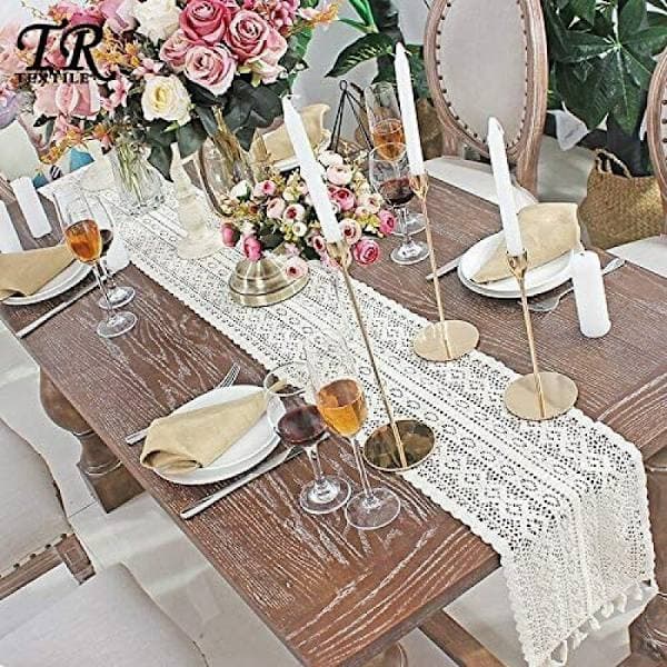Beige Macrame Bordslöpare Rektangulär Virkad Spets Elegant Ihålig Nät för Rustik Bohemisk Bröllopsdekor Brud- och Babyshowerdekor Ta