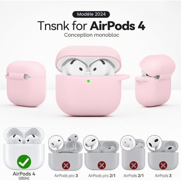 Silikondeksel til AirPods 4 - 1 enhet - Rosa - Støtsikker beskyttelse - Trådløs lading - Med sett