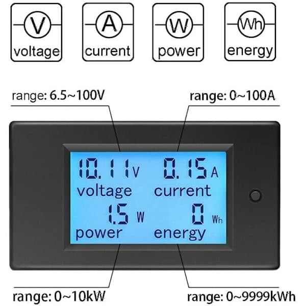 12V Voltmeter Amperemeter Tester Indikator Spænding Strøm Effekt Energi Digital DC 6.5-100V 100A Volt Amp Watt Multimeter LCD Display Panel