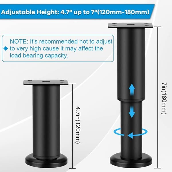 Sæt med 4 robuste justerbare møbelben i metal 12-18 cm til sofa, seng, skrivebord, bord, sort kæde