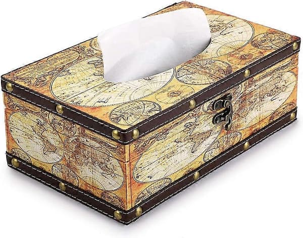 Retro Tissue Box Holder, Tissue Organizer Rektangulær Træ + PU Tissue Box Cover (Gult Kort)