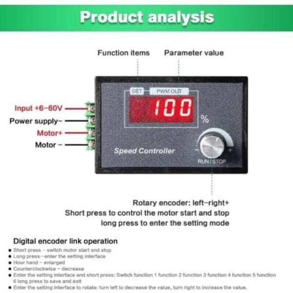 Motorhastighedsregulator, DC 6-60V 12V 24V 36V 48V 30A PWM Motorhastighedsregulator