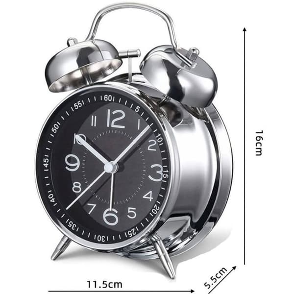 Supersilent analog väckarklocka med bakgrundsbelysning - 11,5 cm diameter - Dubbelklocka - Retro \"Väder\" design för stora
