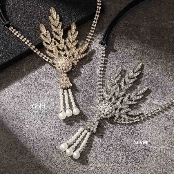 1920-talls Flapper Hodebånd Blad Rhinestone Hodeplagg Perle Hodeplagg Great Gatsby Hårtilbehør for Kvinner og Jenter (Sølv)