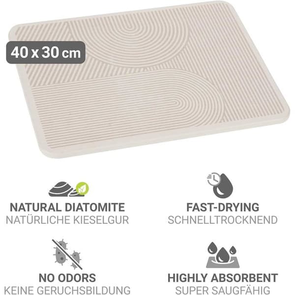 Tørremåtte i diatomit, hurtigtørrende, 40x30x0,9 cm, beige, skridsikre silikonefødder til service