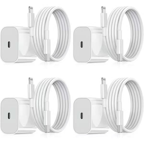 iPhone Samsung Hurtiglader USB-C Strømadapter 20W + 2m Kabel 4-Pack iPhone