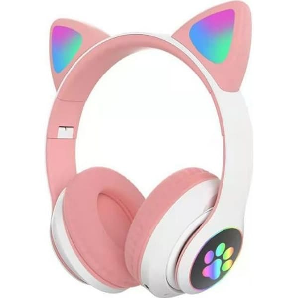 Bluetooth Katteøre Hovedtelefoner til Piger, Foldbare Stereo Hovedtelefoner med LED Lys / PS4 / PC / Tablet / TV (pink + hvid)
