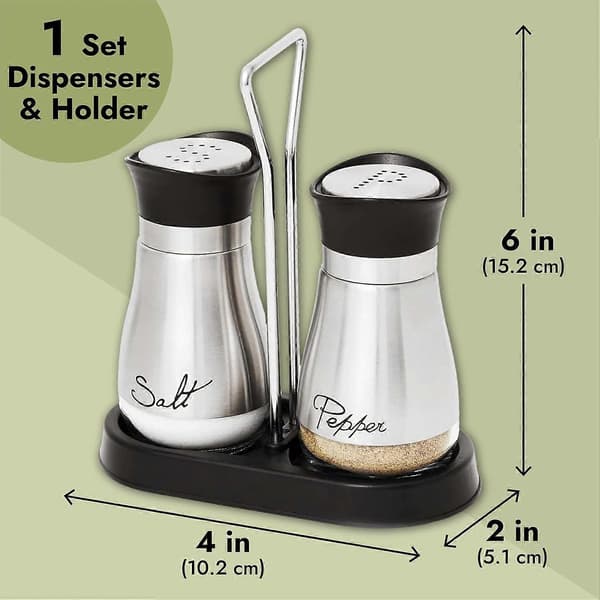 Sæt med salt- og peberbøsser med holder, moderne rustfrit stål og glasdispenser, 3 dele i alt, 118 ml