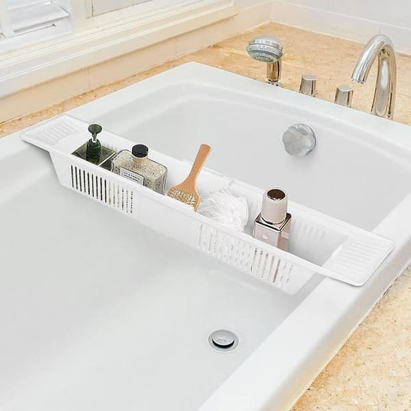 Utdragbar badkarshylla 57-86 cm Plast Justerbar bricka Korg Badrum Duschleksaker
