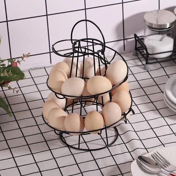 Eggdispenser, eggspiral i rustfritt stål, spiraldesign, eggholder for ca. 30-36 egg, svart