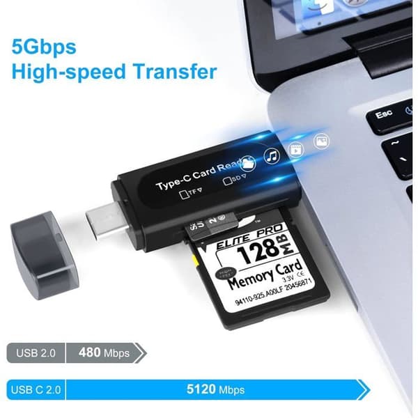 SD-kortlæser - 1 stk. - Sort - USB C og USB A - Hurtig overførsel - Til PC og Smartphone