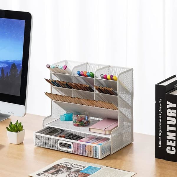 Skrivebordsorganizer i net, multifunktionel penneholder, kontorpenneholder, kontorartikkelorganizer
