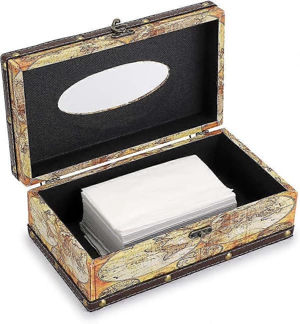 Retro Tissue Box Holder, Tissue Organizer Rektangulær Træ + PU Tissue Box Cover (Gult Kort)