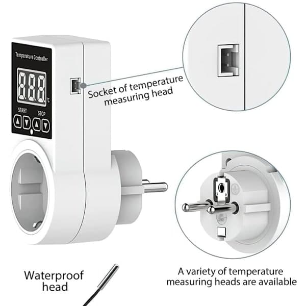Termostatstik med sensor, Digital temperaturstyret stik, Vandtæt temperaturafbryder, EU-stik