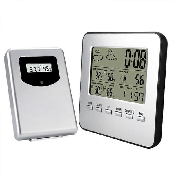 Multifunktionell trådlös väderstation klocka LCD digital inomhus utomhus termometer hygrometer kalender larm månfas display